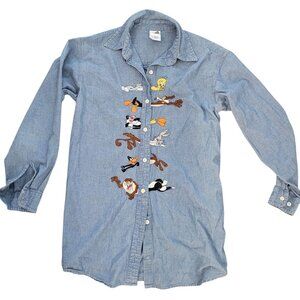 Amazing Vintage Warner Bros Looney Tunes denim embroidered top, size small